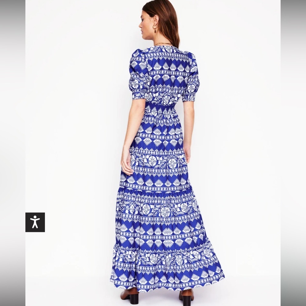 Boden Bella Puff Sleeve Maxi Dress 6P Bright Blue, Ornate Border NWT - Picture 3 of 7